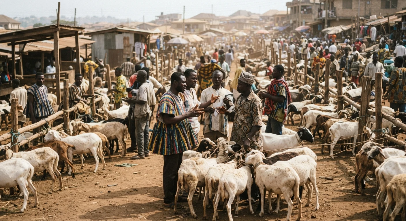 A busy Kumasi livestock market with dozens of goats and sheep tethered in rows, traders and brokers negotiating in small clusters, documentary photograph