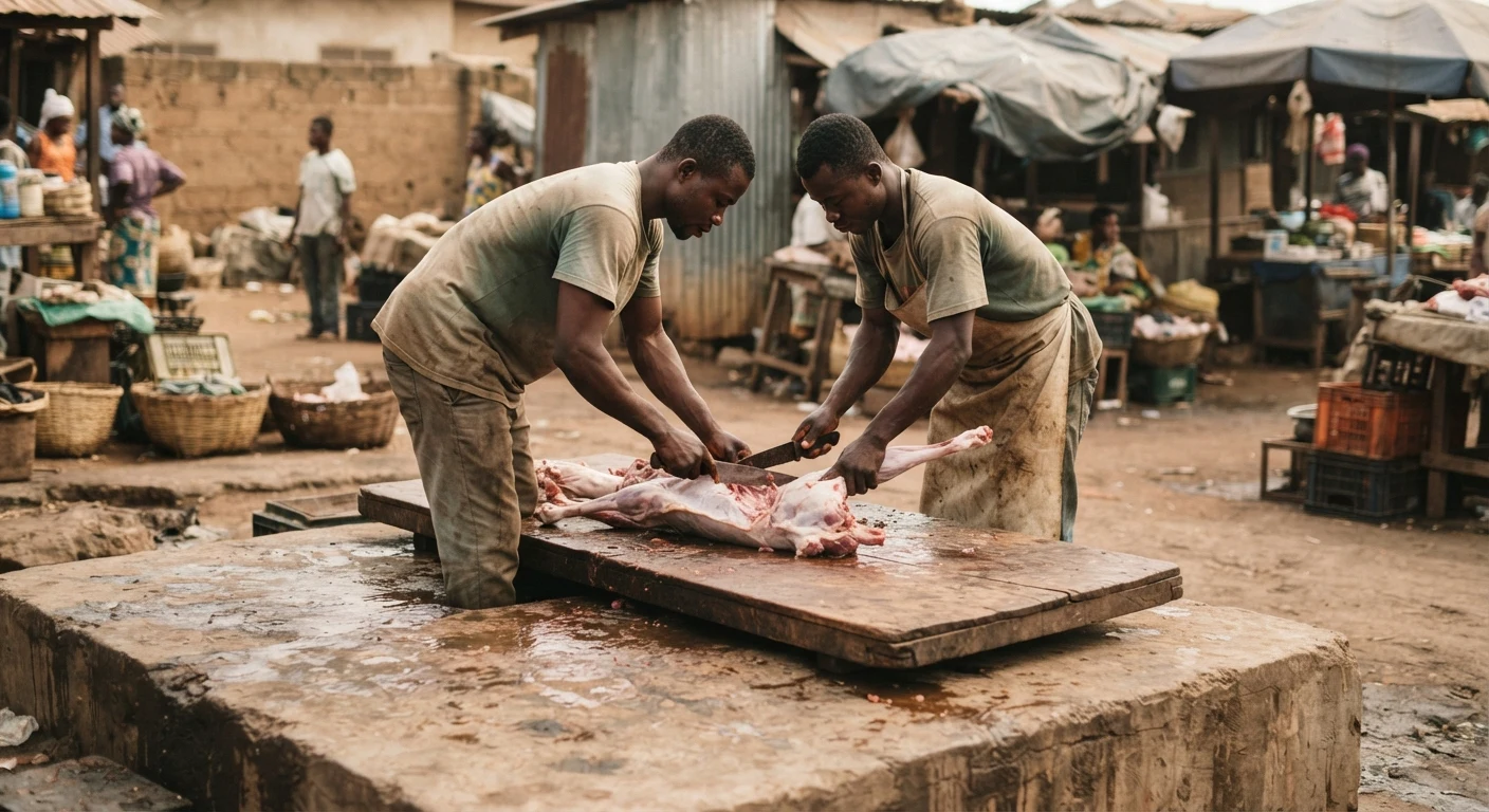 An informal backyard slaughter slab in a Ghanaian market town, workers dressing a carcass on a concrete floor with basic tools, no refrigeration, documentary photograph