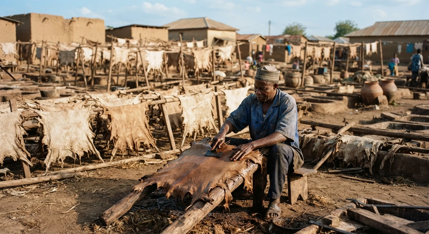 An artisanal vegetable tannery at Zongo in Tamale, raw goat and sheep skins stretched and drying in an open-air yard with no signage, a worker curing hides by hand, documentary photograph