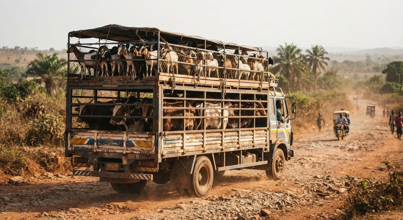 Goats and sheep riding on a makeshift upper deck above cattle on a livestock transport truck heading south on a rough Ghanaian highway, documentary photograph
