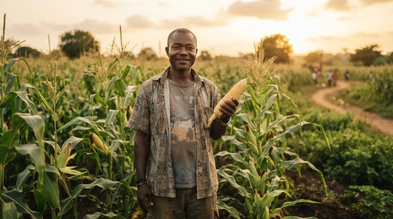 A Ghanaian farmer counting bags of maize at a market against stacked maize sacks
