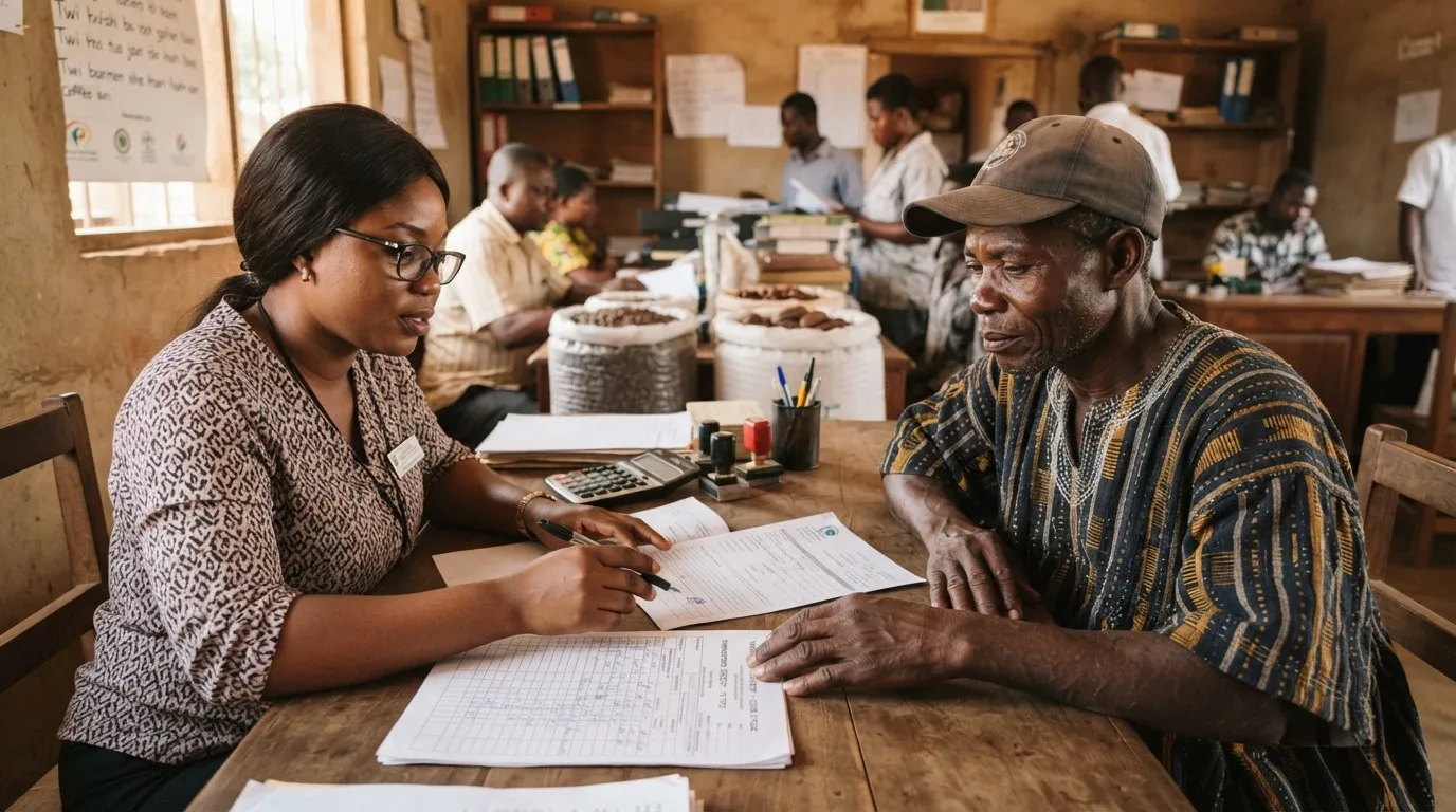 A Ghanaian agribusiness owner and a loan officer reviewing a maize storage and processing plan