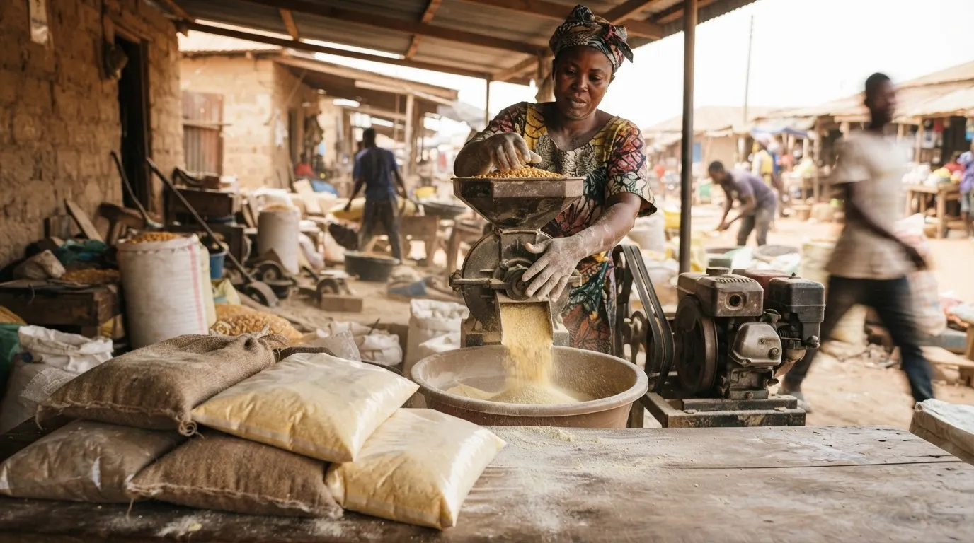 Bags of milled maize flour and fortified maize food ready for market