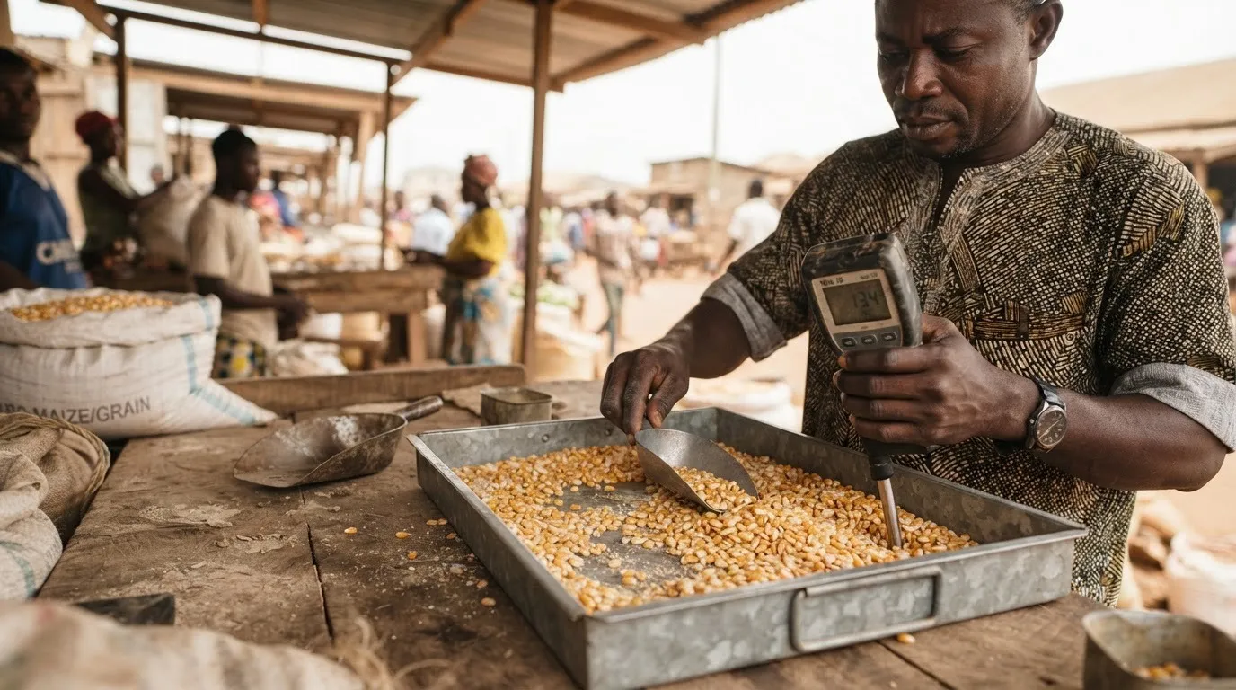 A hand holding freshly shelled maize grain beside a notebook of farm records