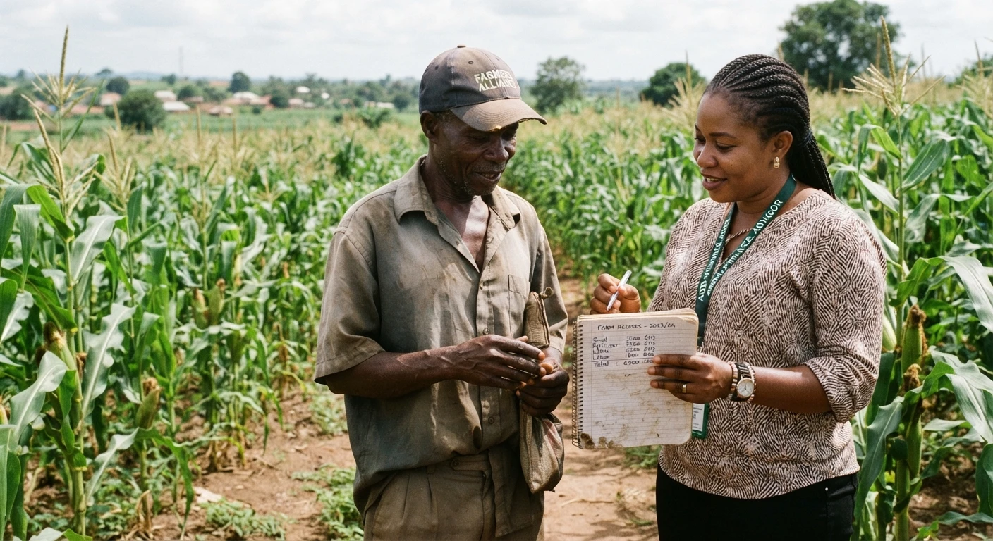 A Ghanaian agribusiness advisor and a smallholder farmer reviewing handwritten cost figures on a notepad in a maize field, documentary photograph