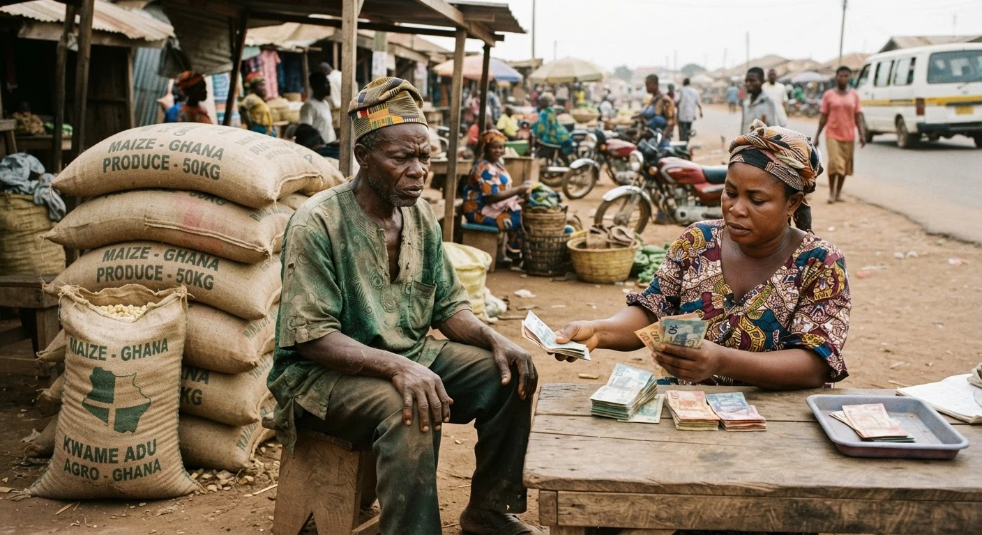 A Ghanaian maize farmer sitting beside stacked sacks of maize at a rural roadside market, looking concerned while a trader counts cedi notes, documentary photograph