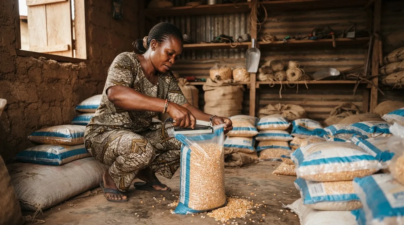 Sacks of maize stacked high in a storage warehouse during the 2026 glut
