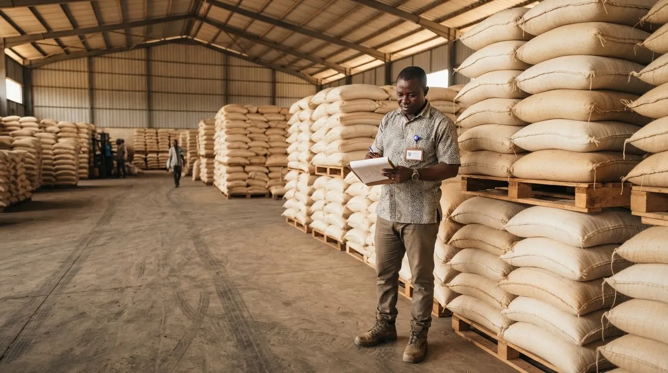 A Ghanaian warehouse operator recording maize bags into a warehouse-receipt ledger