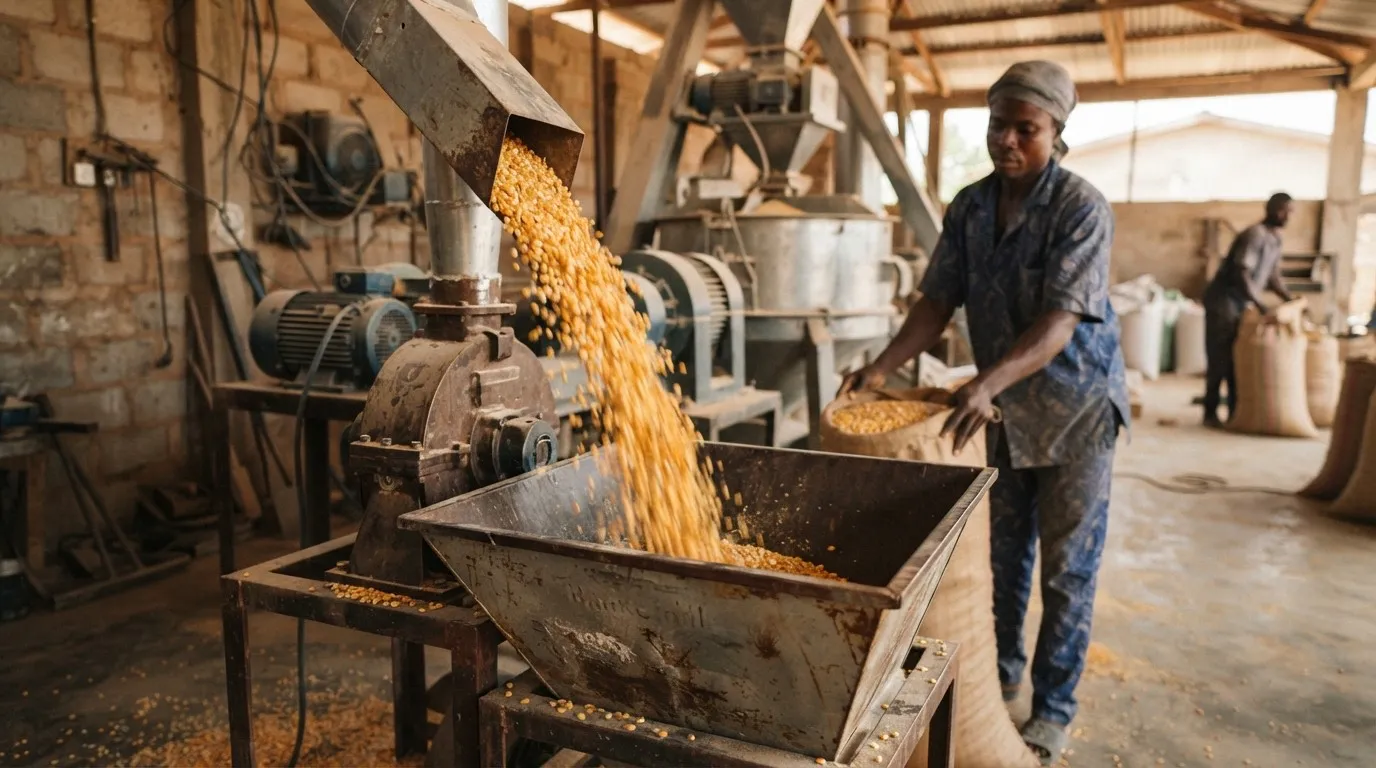 A modern poultry feed mill with stacked bags of milled yellow-maize feed