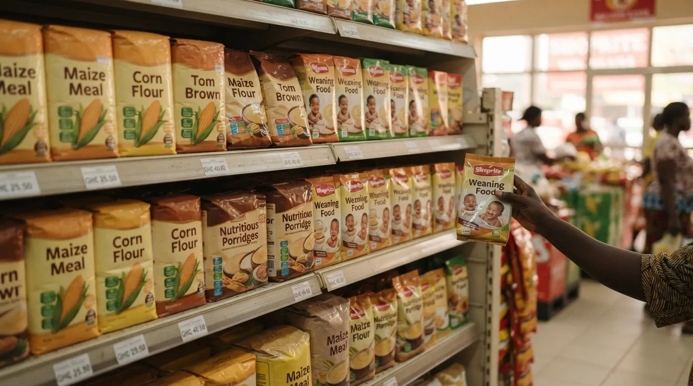 Bags and bowls of maize flour, grits and fortified weaning food from a local processor