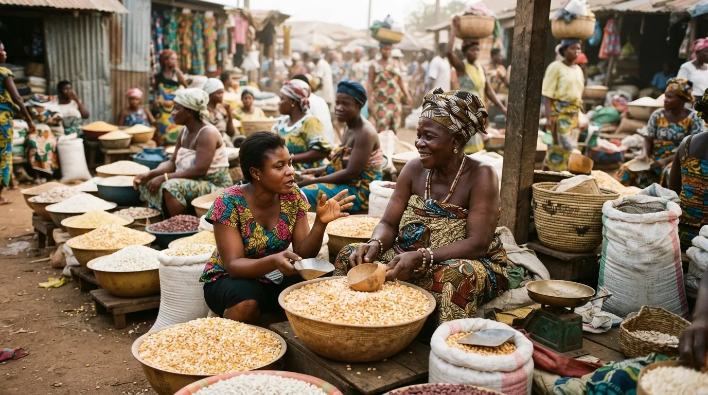 A busy Ghanaian food market with a woman selling kenkey and banku wrapped in leaves