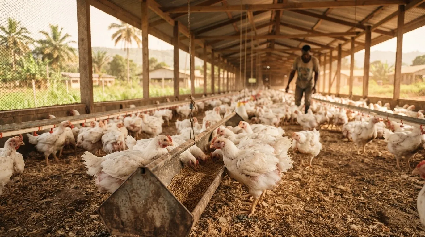 A commercial poultry farm of broiler chickens fed on maize-based rations