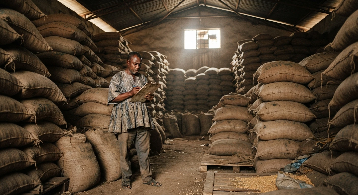 A Ghanaian grain warehouse packed with stacked sacks of surplus maize, a trader looking concerned amid the towering sacks, documentary photograph