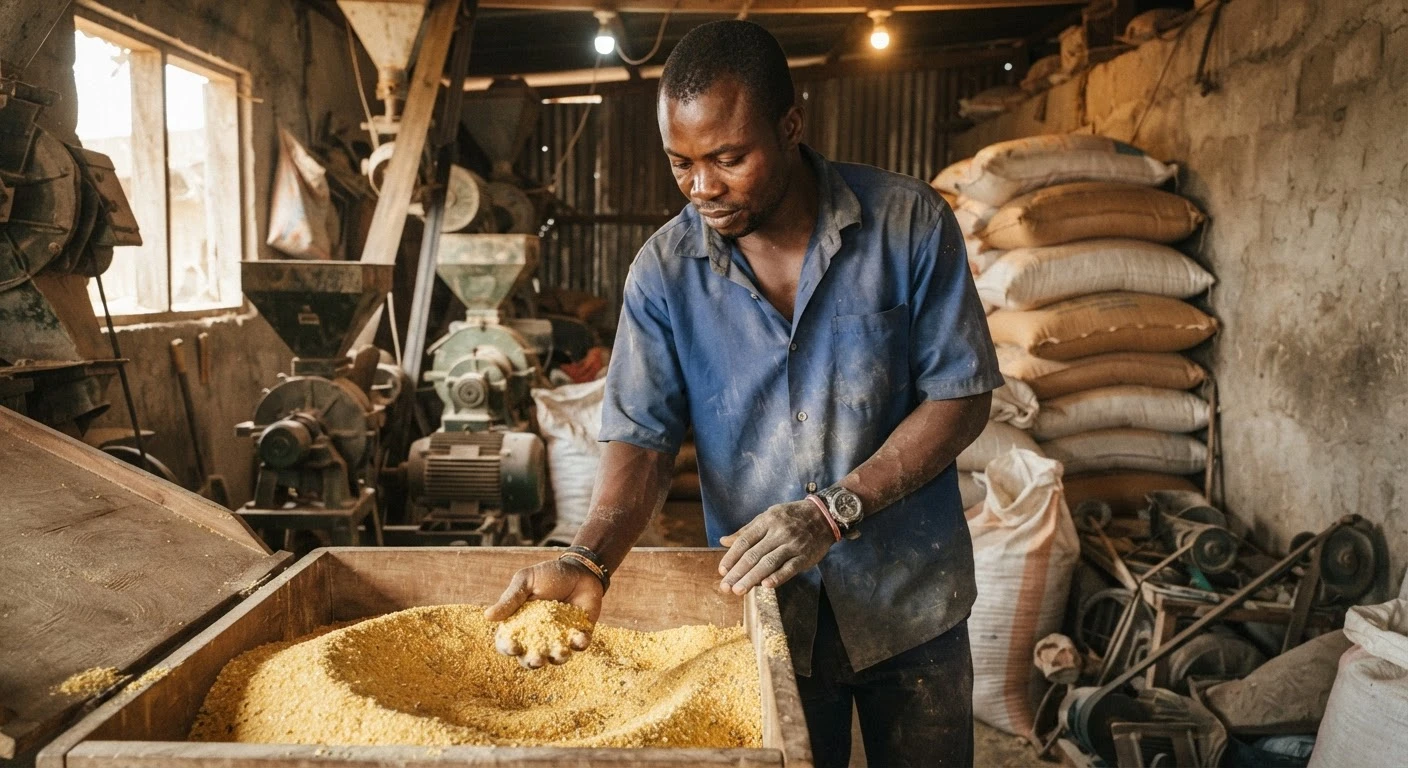 A worker in a small Ghanaian poultry feed mill inspecting a handful of milled yellow maize feed, documentary photograph