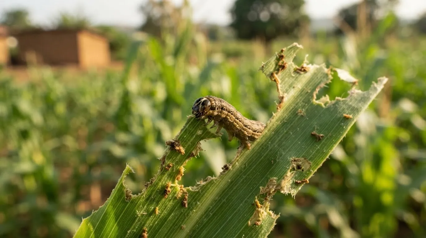 Fall armyworm damage on a maize leaf and cob in the field