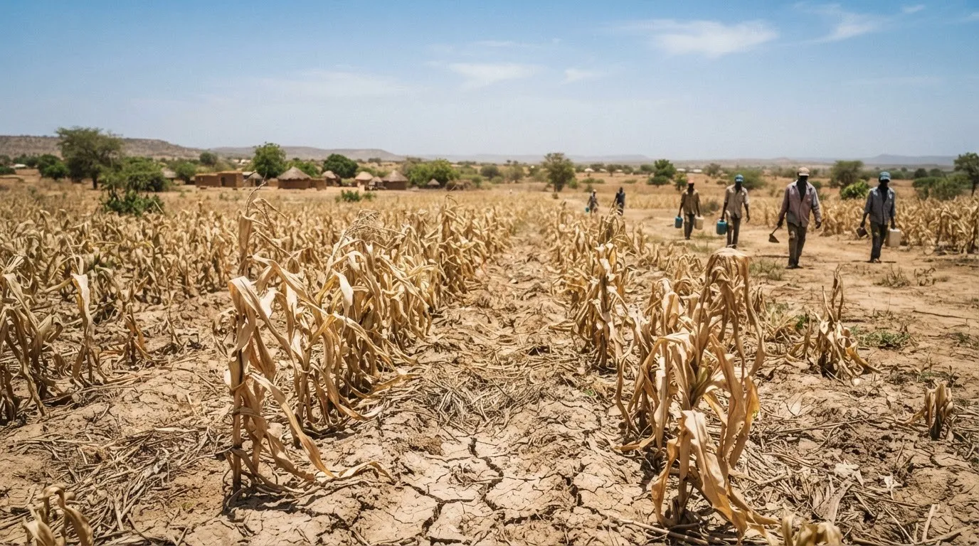 A drought-stressed maize field with curled, dry leaves under a hot sky