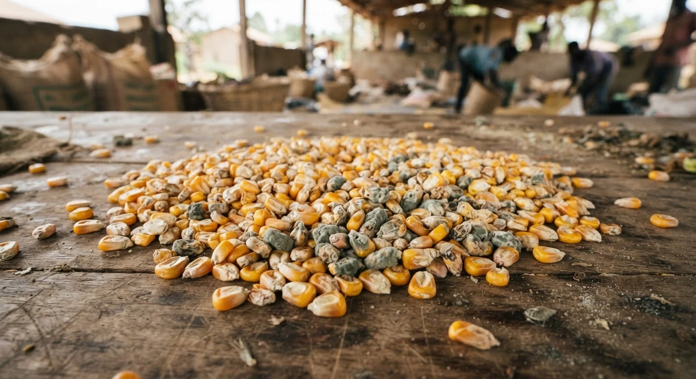 Close-up documentary photograph of mould-contaminated maize kernels showing aflatoxin damage next to clean grain