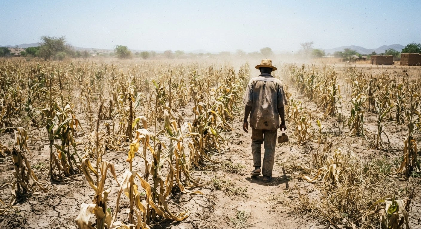 Documentary photograph of a drought-stressed Ghanaian maize field with wilted, curled leaves under a harsh sky