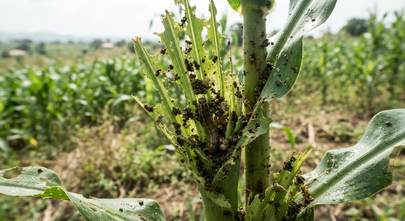 Close-up documentary photograph of fall armyworm larvae and feeding damage on a maize leaf and cob