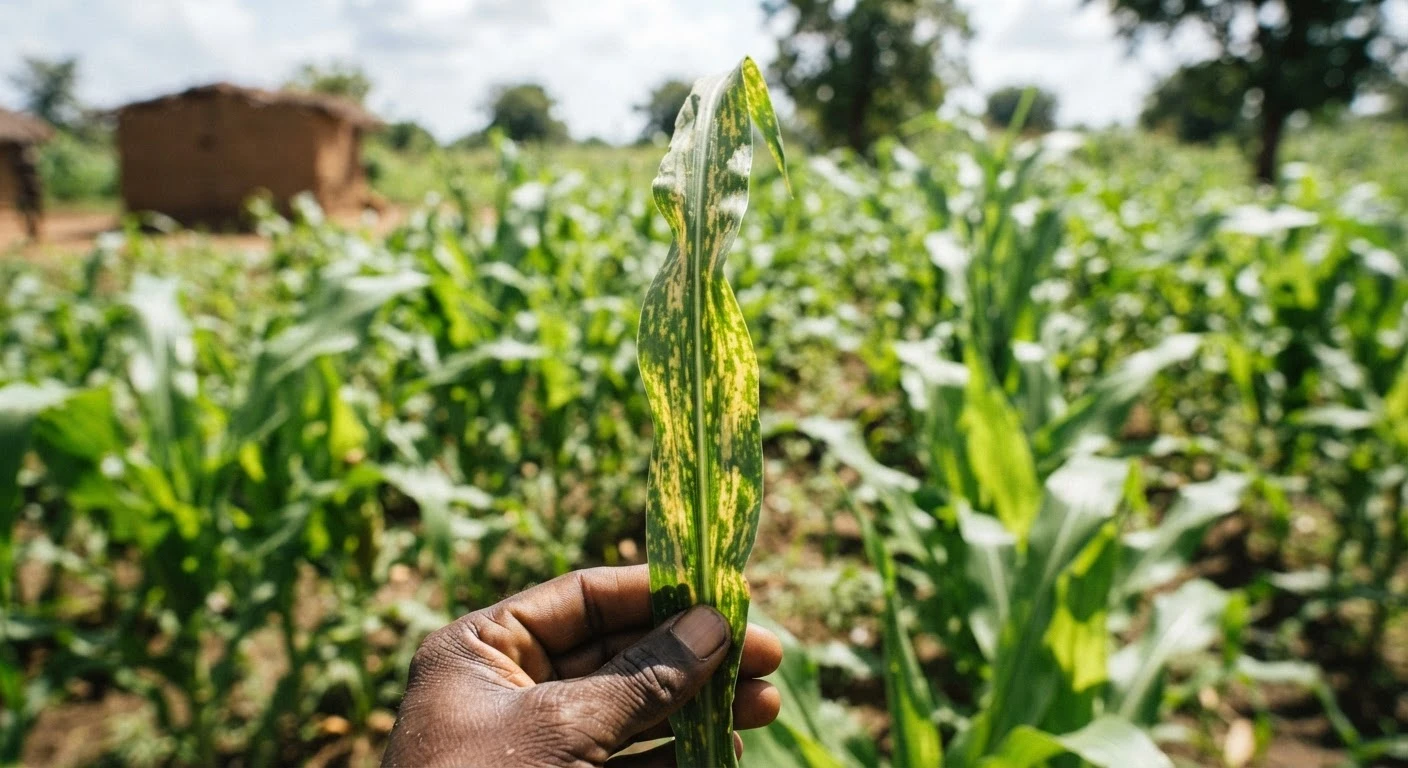 Close-up documentary photograph of a maize leaf showing yellow streak virus striping symptoms