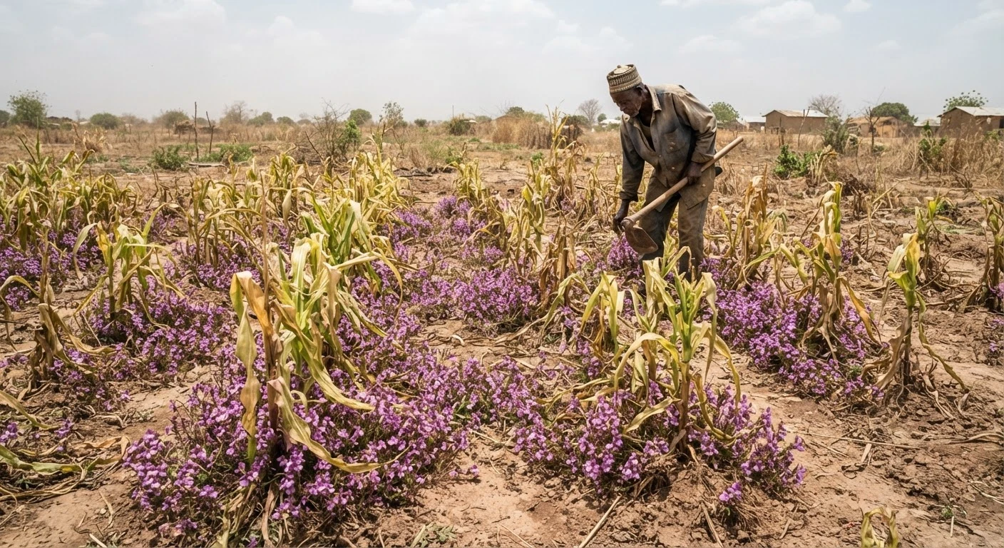 Documentary photograph of purple-flowered Striga parasitic weed growing among stunted maize plants in a northern Ghana field