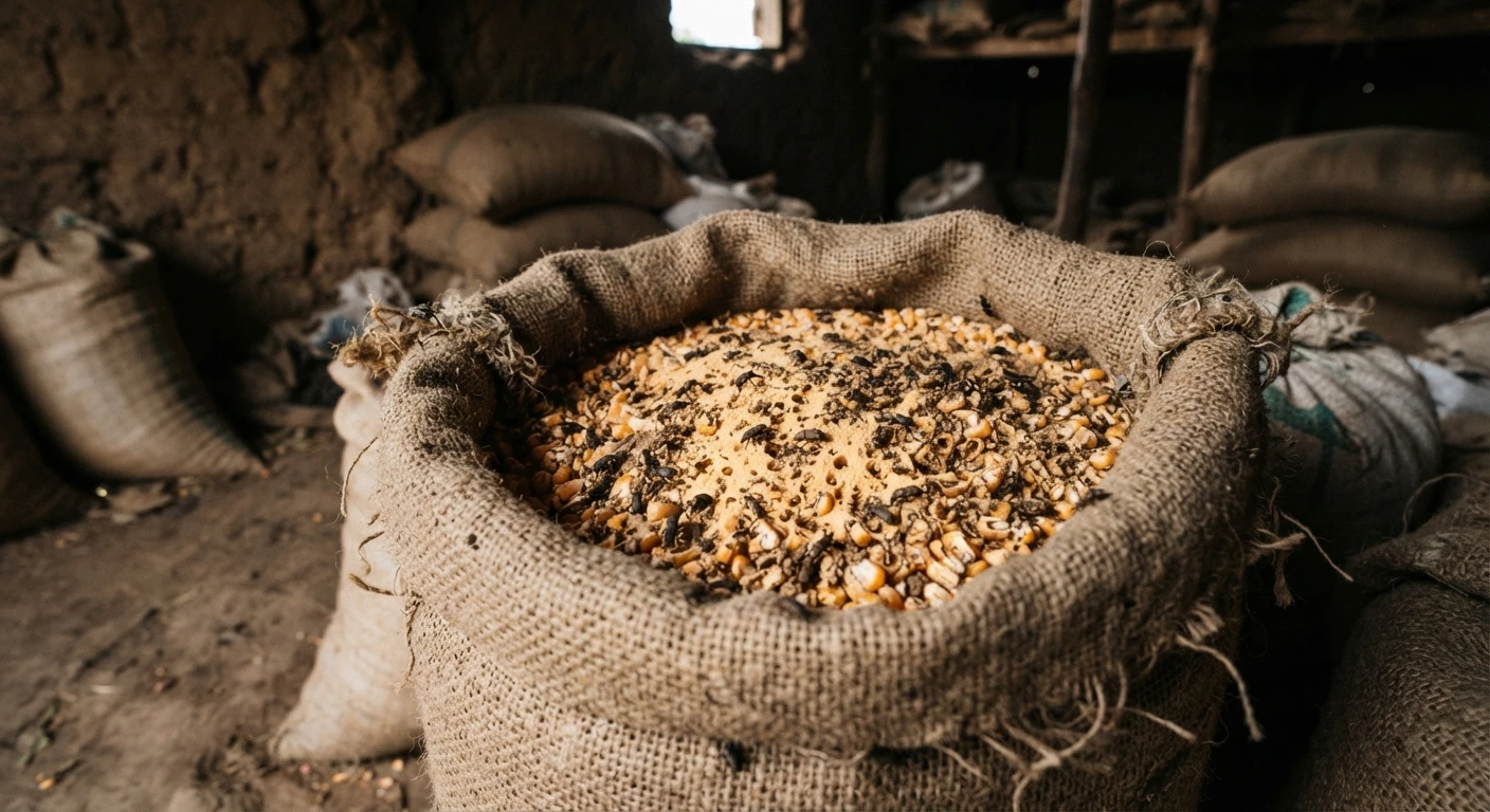 Close-up documentary photograph of weevil-damaged stored maize kernels in an open sack
