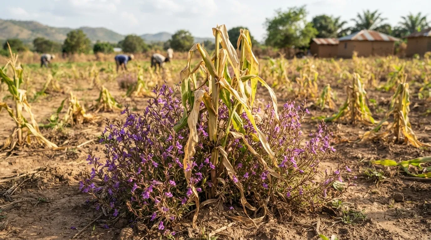Purple-flowered Striga parasitic weed growing among stunted maize plants