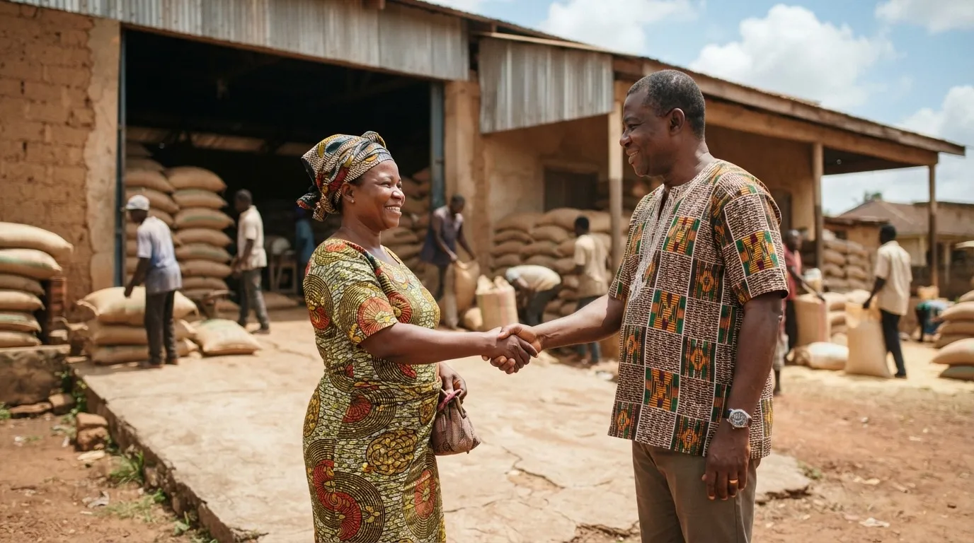A farmer receiving a warehouse receipt or a loan at a bank or GCX certified warehouse in Ghana