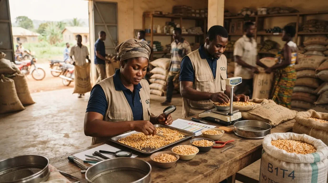 Bags of graded maize at a Ghana Commodity Exchange certified warehouse with a trader recording a receipt
