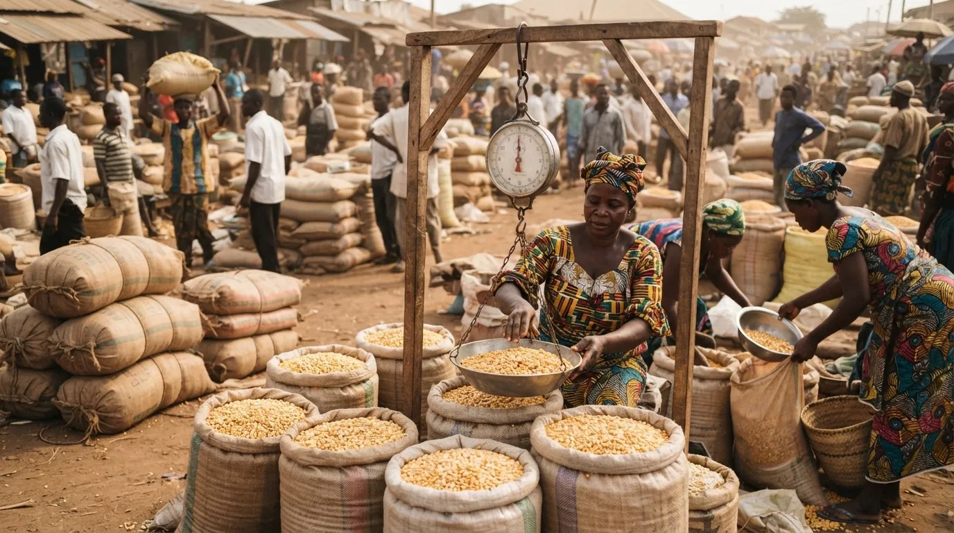 A busy Ghanaian grain market with sacks of maize stacked at stalls and traders weighing grain for buyers