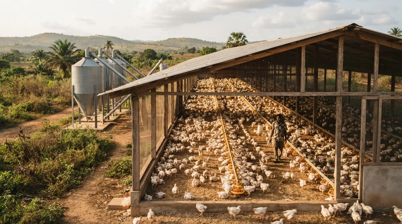 A Ghanaian poultry farm with birds feeding, representing the feed-maize demand from the poultry sector