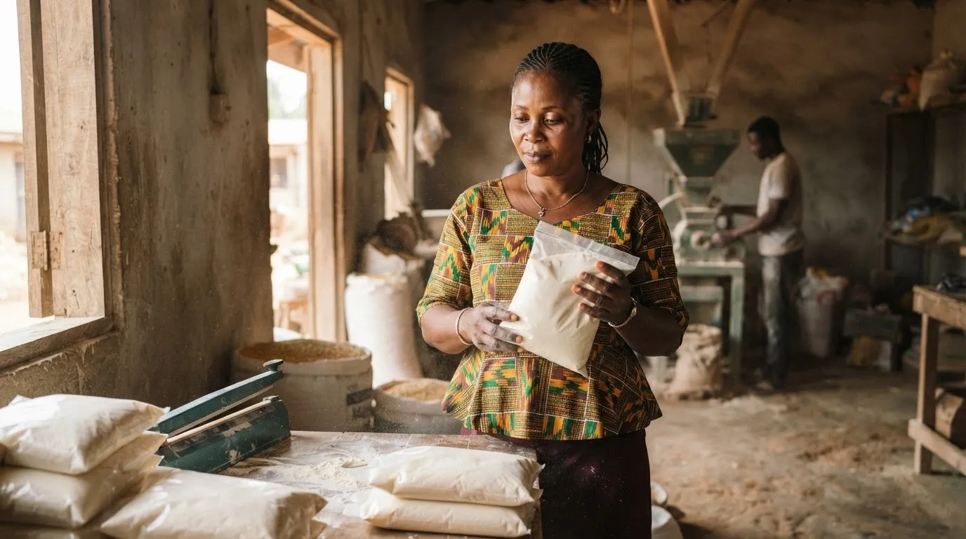A mid-scale maize processing or feed-milling plant in Ghana with grain moving through the line