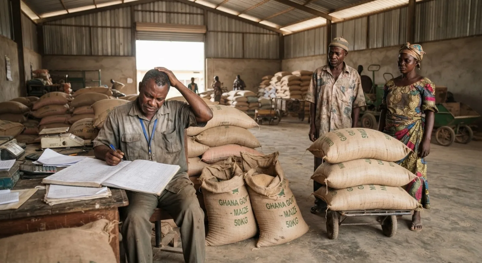 A Ghanaian grain warehouse official holding his head over a ledger while two smallholder farmers wait beside their unsold maize sacks, documentary photograph
