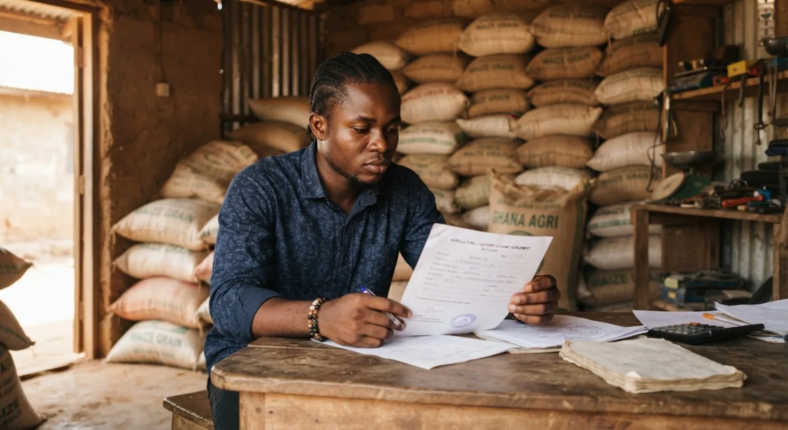 A young Ghanaian agribusiness entrepreneur reading a single programme contract at a desk in a small maize store stacked with sacks, documentary photograph
