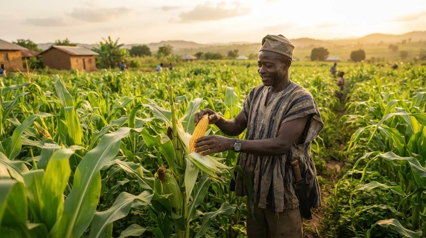 Certified maize seed beside a farmer's saved grain, northern Ghana