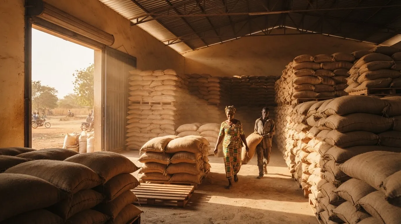Bagged maize stacked in a warehouse under a commodity-exchange receipt