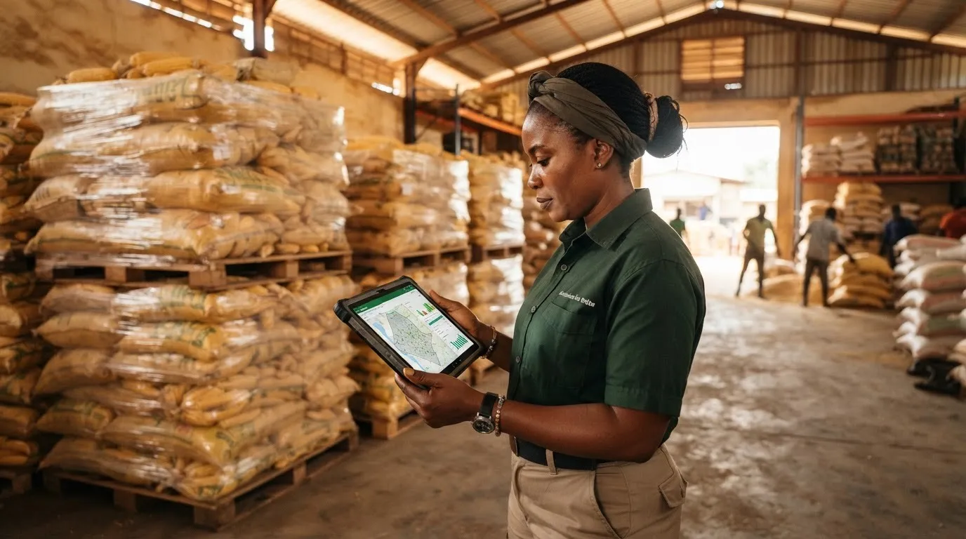 An agribusiness operator reviewing a maize aggregation and storage plan
