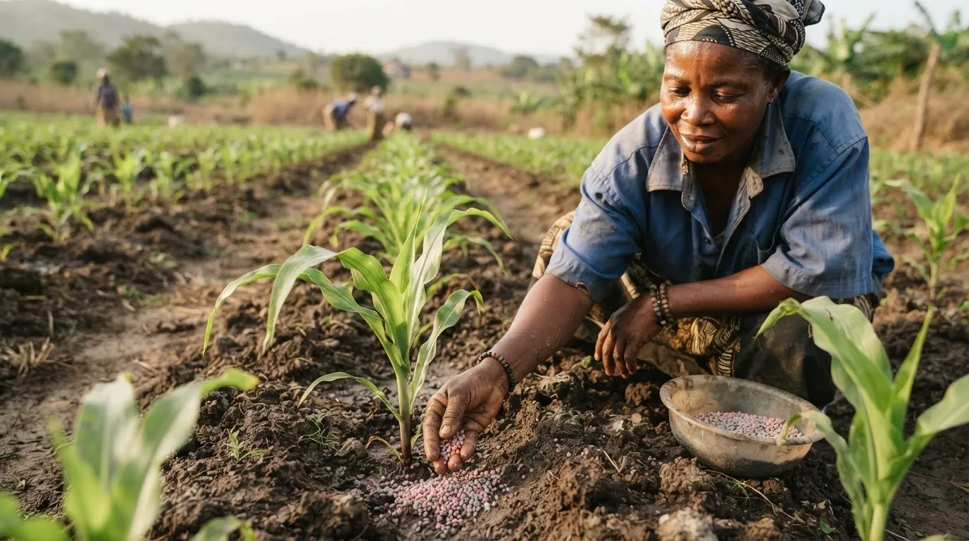A farmer applying fertiliser to knee-high maize before tasselling