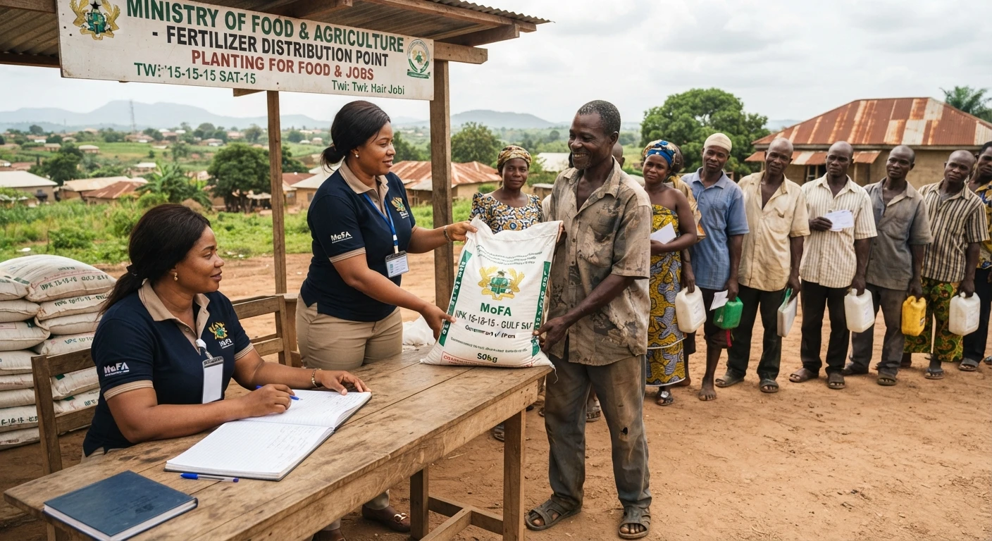 A Ghanaian farmer receiving bags of fertiliser from a government extension officer at a rural distribution point, other farmers queued behind with a ledger book on a table, documentary photograph