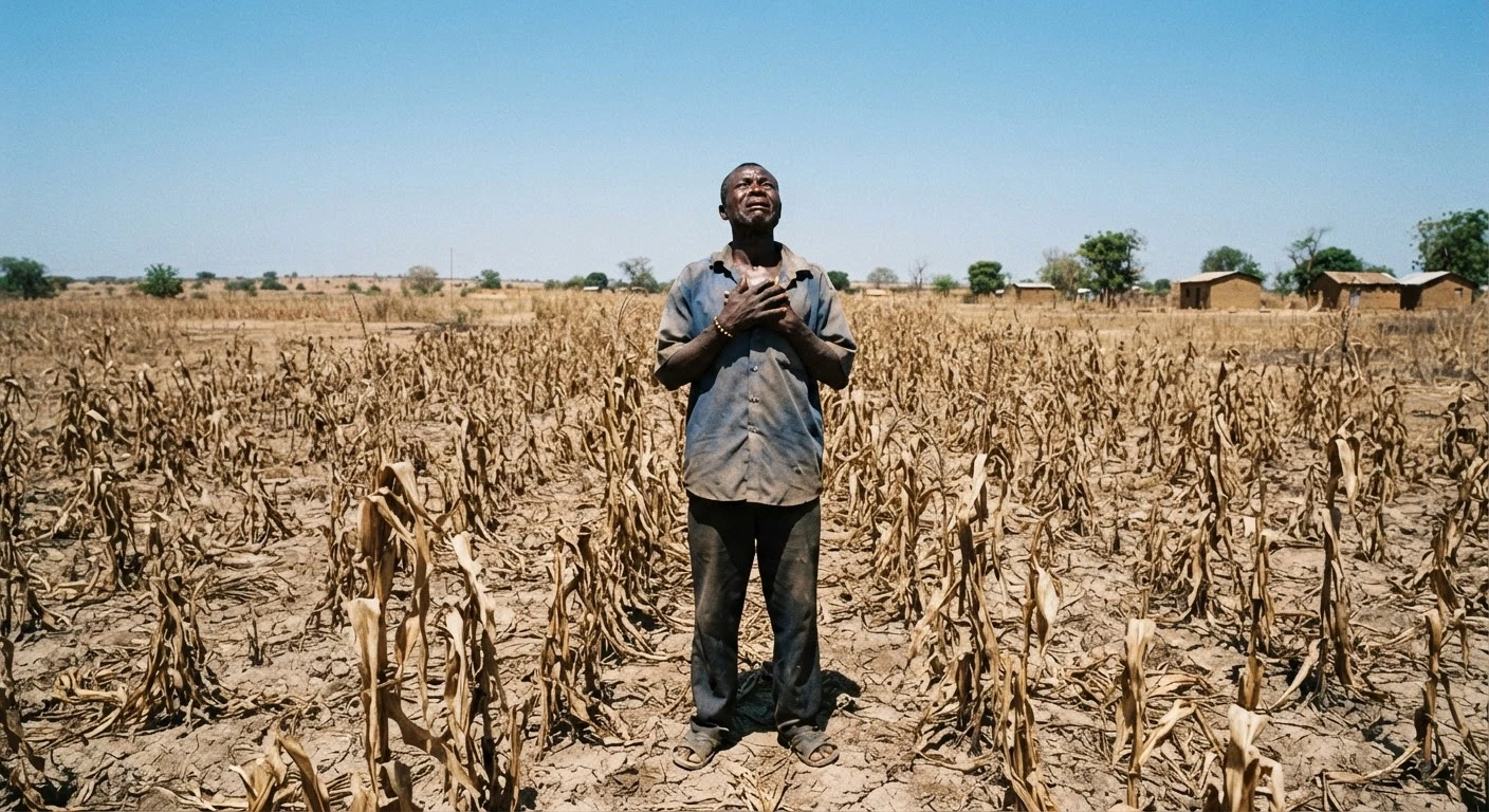A Ghanaian smallholder maize farmer standing in a dry, stunted maize field with wilted brown leaves, looking up at a clear sky with no rain clouds, documentary photograph
