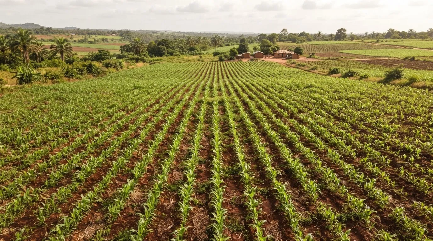 Maize planted in straight rows at the correct spacing across a prepared field