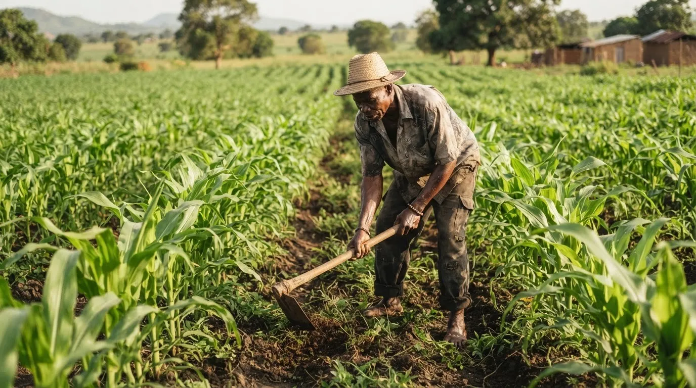 Weeding a young maize field clean in the first six weeks after planting