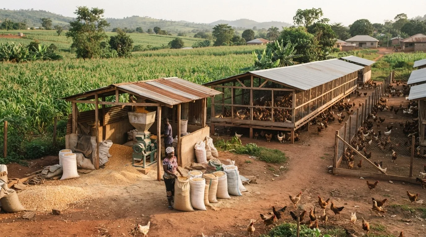 A Ghanaian poultry feed mill filling bags of yellow maize feed with an operator at the line