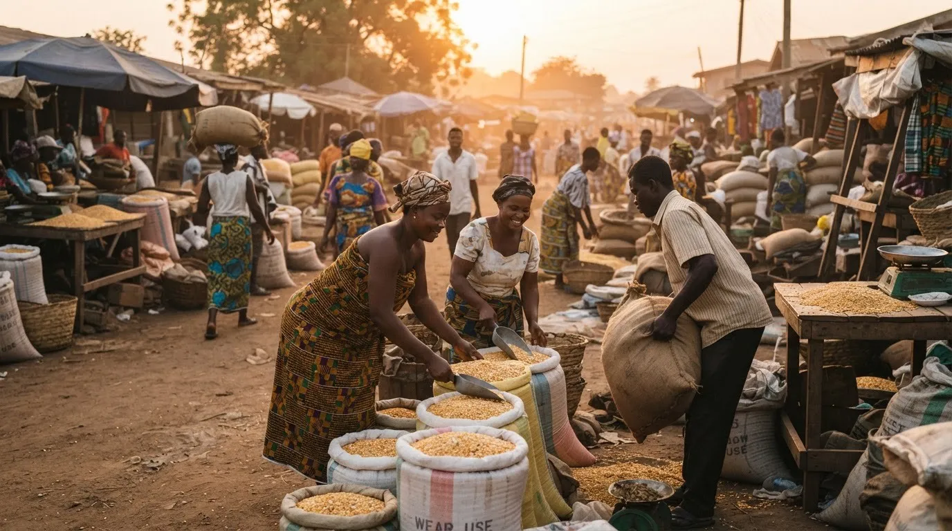 Bagged graded maize at a Ghanaian market with a market queen and a trader weighing grain