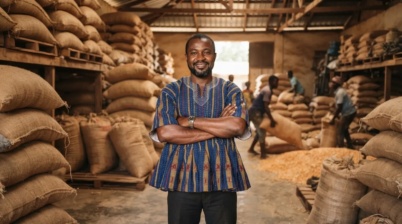 A Ghanaian entrepreneur reviewing a maize business plan and market charts