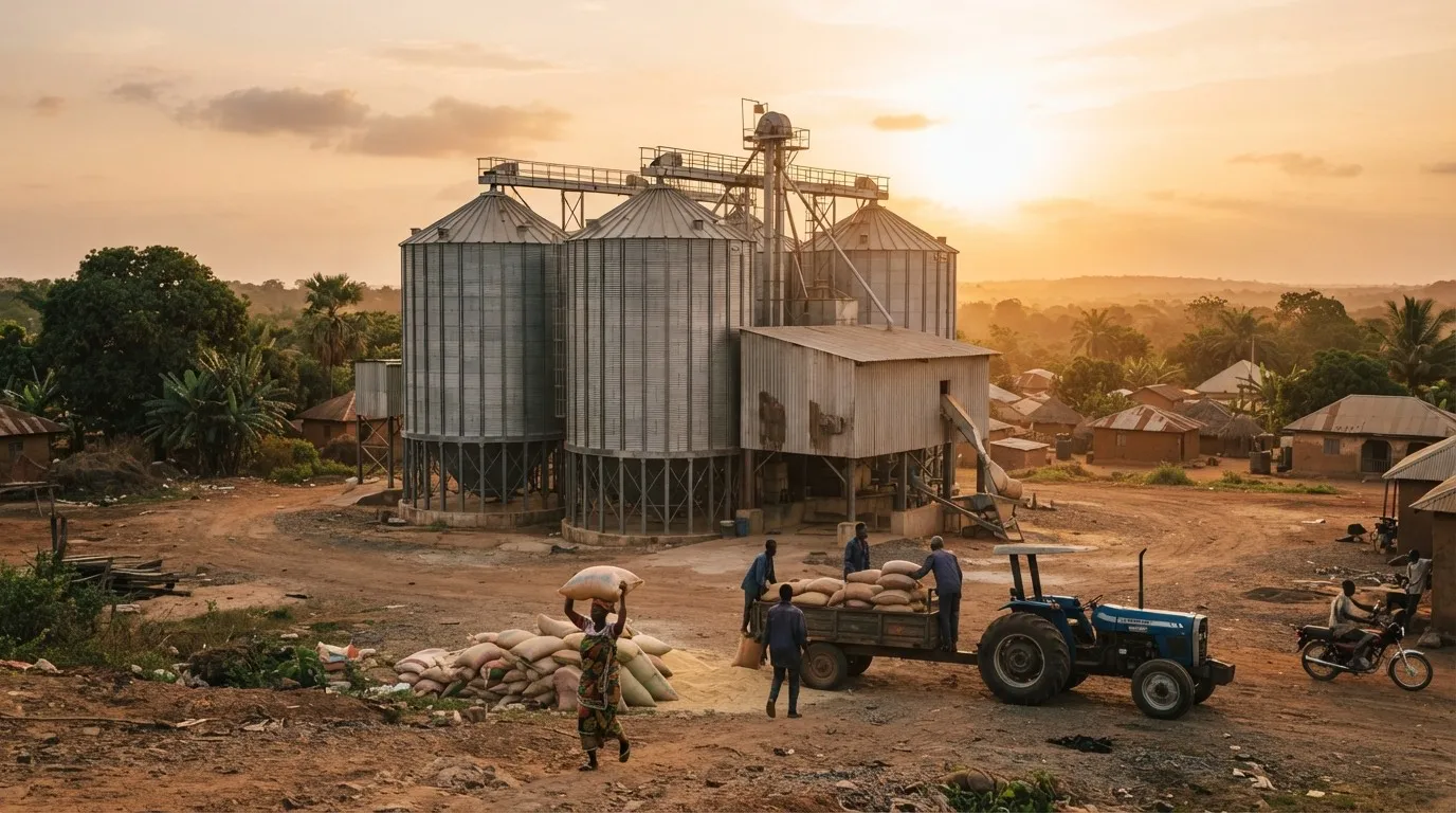 A clean maize warehouse with graded, bagged grain in hermetic storage and a manager checking moisture