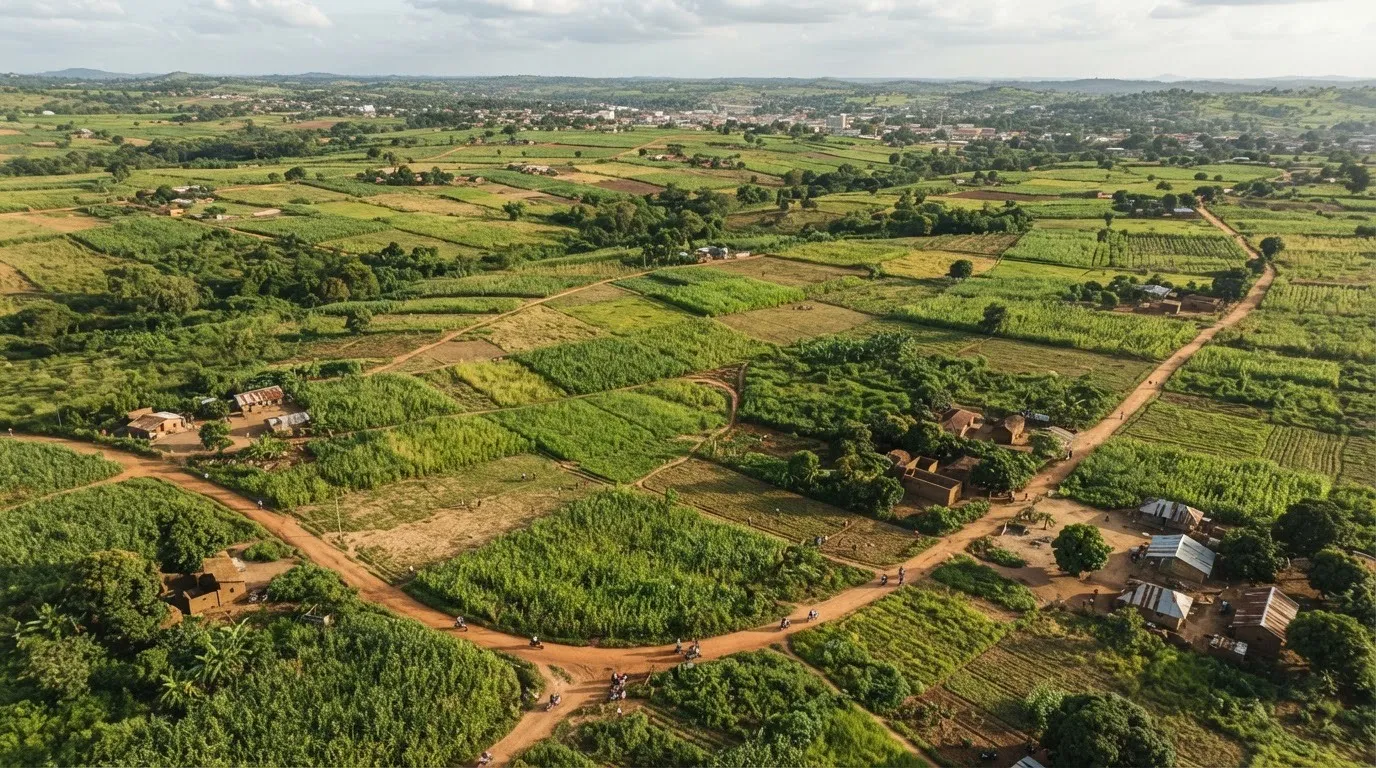 Wide middle-belt maize farmland near a grain-aggregation hub