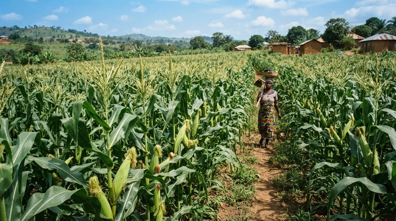 Healthy maize field at the milk stage, cobs starting to fill