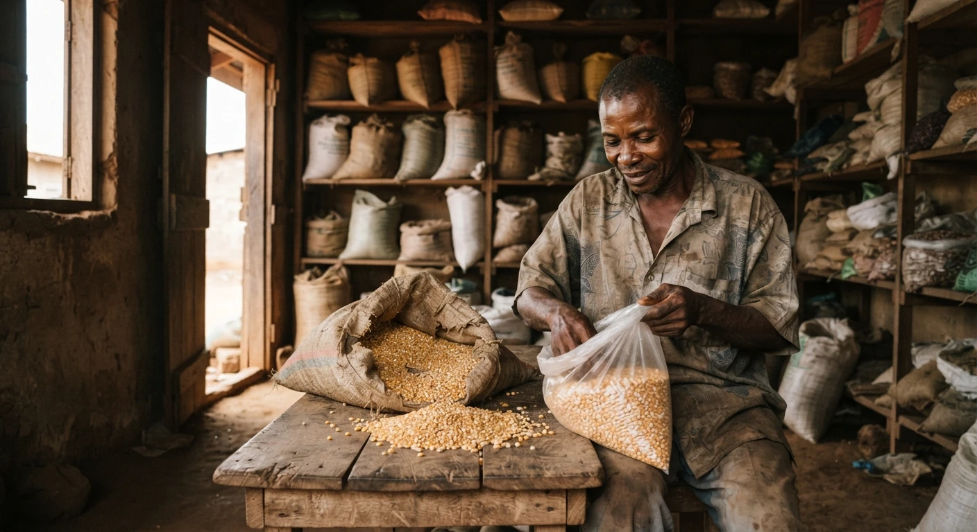 A Ghanaian farmer examining a sack of maize seed against loose grain in a small agro-dealer shop, documentary photograph