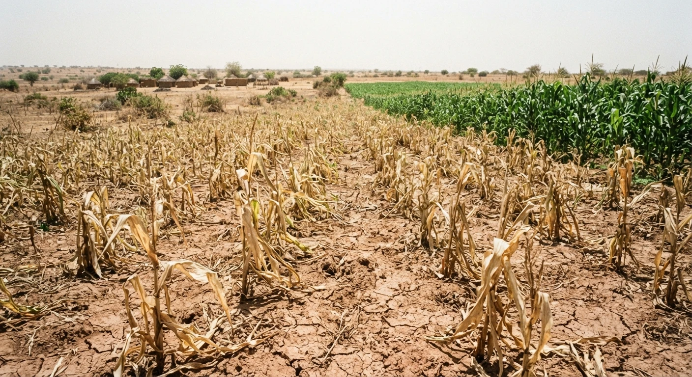 A stunted, drought-stressed maize field in the dry northern Ghana savanna beside a healthy green field in the distance, documentary photograph